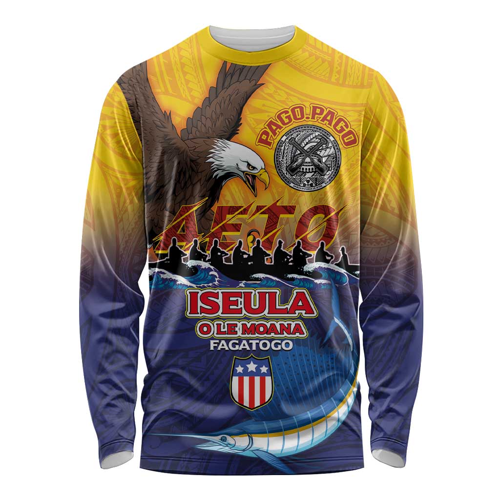 American Samoa Fautasi Long Sleeve Shirt Bald Eage and Sailfish with Kakau Motifs - Polynesian Pride