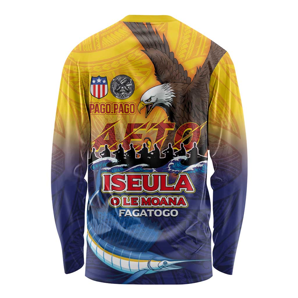 American Samoa Fautasi Long Sleeve Shirt Bald Eage and Sailfish with Kakau Motifs - Polynesian Pride