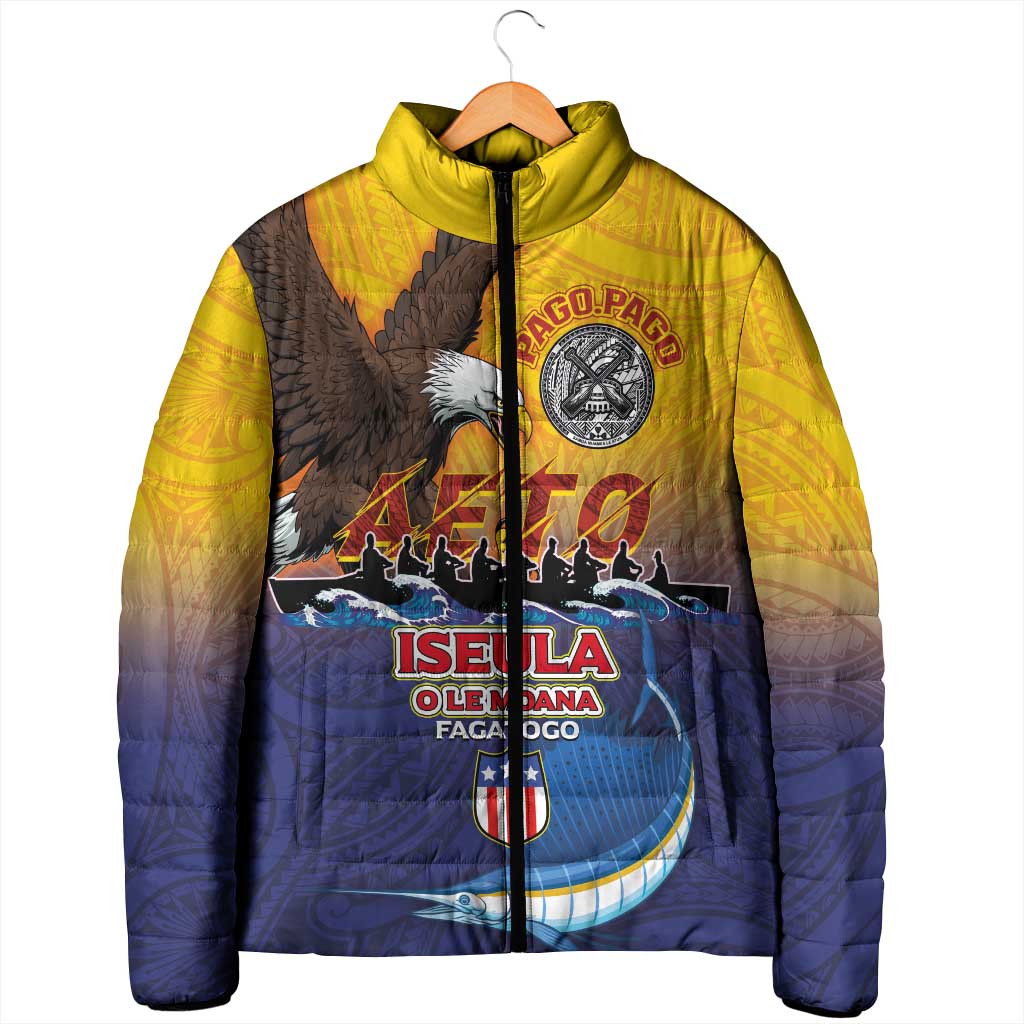 American Samoa Fautasi Padded Jacket Bald Eage and Sailfish with Kakau Motifs - Polynesian Pride