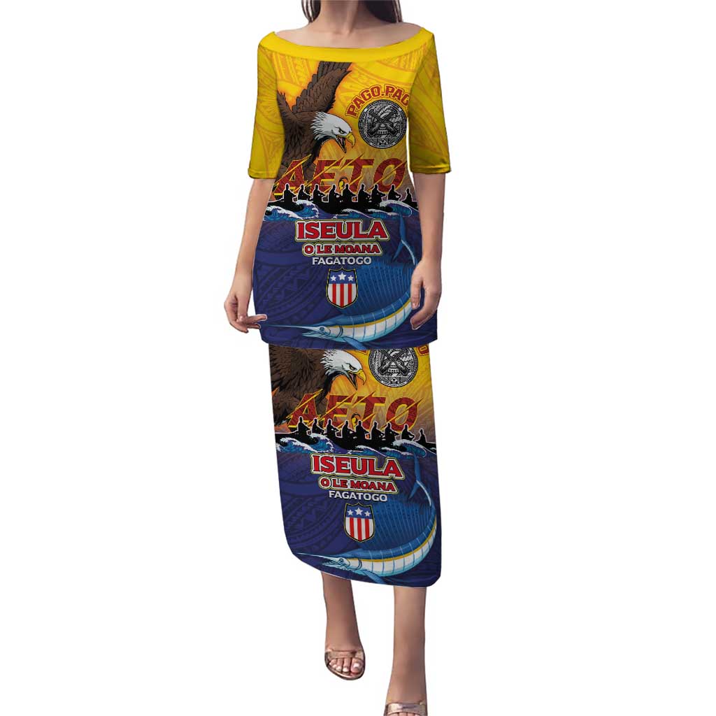 American Samoa Fautasi Puletasi Bald Eage and Sailfish with Kakau Motifs LT03 Long Dress Yellow - Polynesian Pride