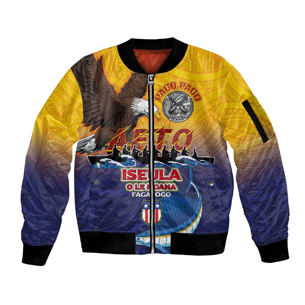 American Samoa Fautasi Sleeve Zip Bomber Jacket Bald Eage and Sailfish with Kakau Motifs LT03 Unisex Yellow - Polynesian Pride