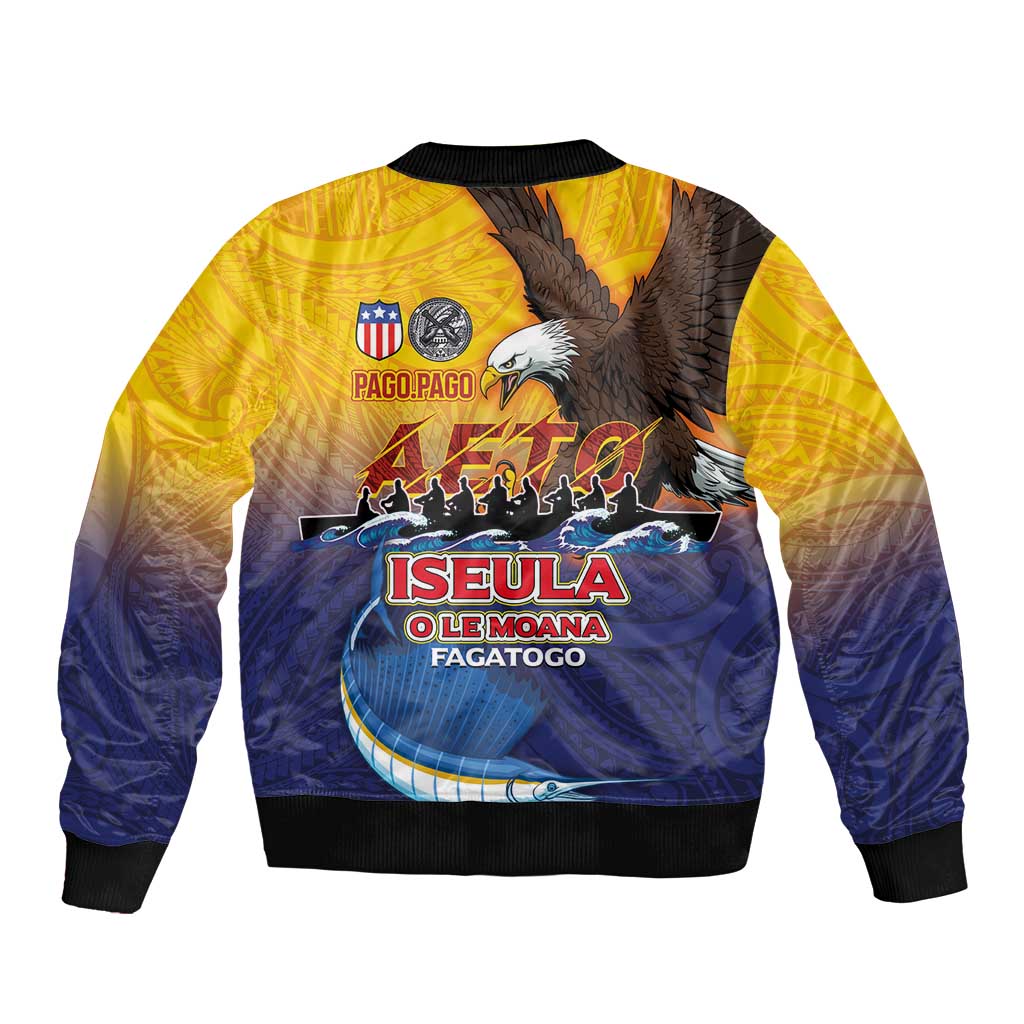 American Samoa Fautasi Sleeve Zip Bomber Jacket Bald Eage and Sailfish with Kakau Motifs - Polynesian Pride