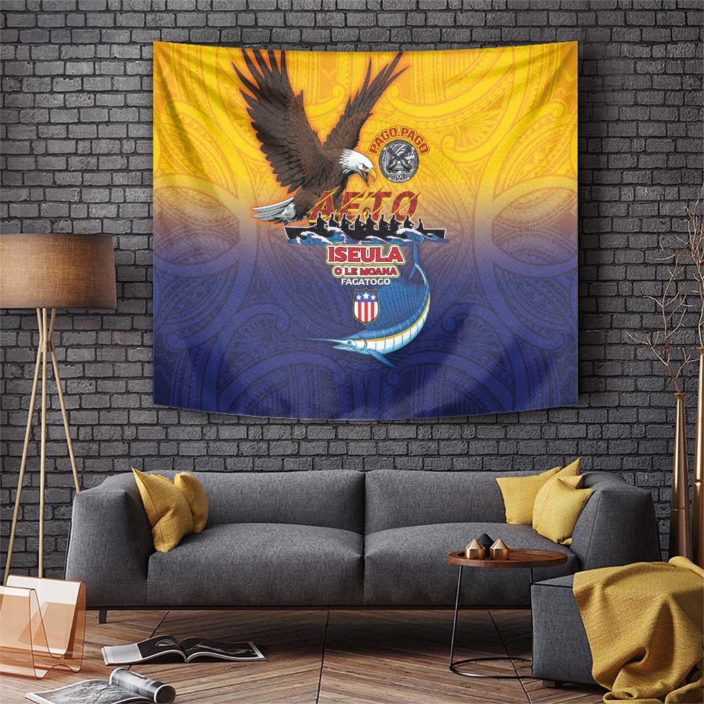 American Samoa Fautasi Tapestry Bald Eage and Sailfish with Kakau Motifs - Polynesian Pride