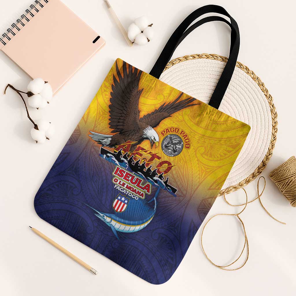 American Samoa Fautasi Tote Bag Bald Eage and Sailfish with Kakau Motifs LT03 Black Strap One Size Yellow - Polynesian Pride