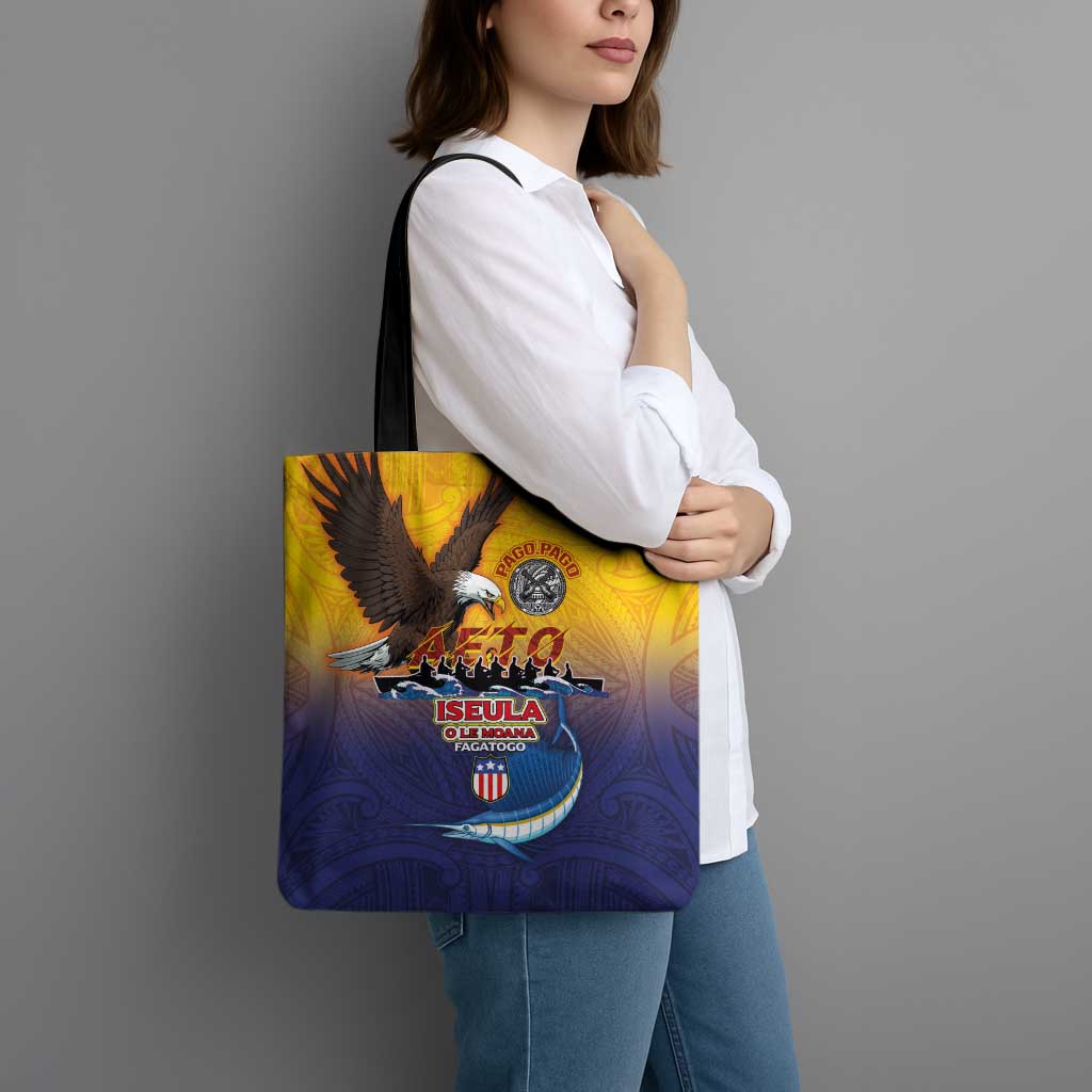 American Samoa Fautasi Tote Bag Bald Eage and Sailfish with Kakau Motifs LT03 - Polynesian Pride