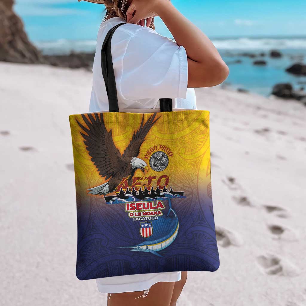 American Samoa Fautasi Tote Bag Bald Eage and Sailfish with Kakau Motifs LT03 - Polynesian Pride