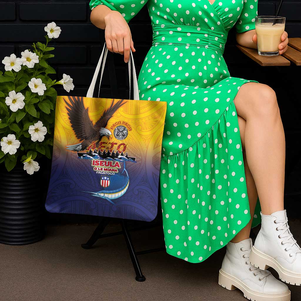 American Samoa Fautasi Tote Bag Bald Eage and Sailfish with Kakau Motifs LT03 - Polynesian Pride