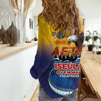 American Samoa Fautasi Women Casual Shirt Bald Eage and Sailfish with Kakau Motifs - Polynesian Pride