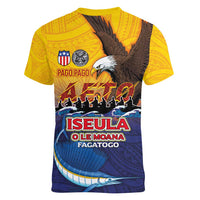 American Samoa Fautasi Women V-Neck T-Shirt Bald Eage and Sailfish with Kakau Motifs - Polynesian Pride