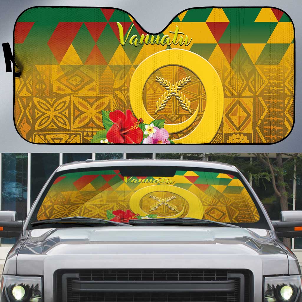 Melanesian Vanuatu Auto Sun Shade With Tapa Tribal Pattern and Triangle Geometric Tricolor - Polynesian Pride