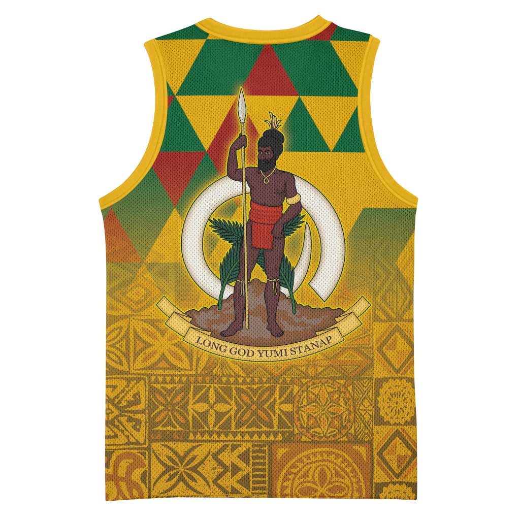 Melanesian Vanuatu Basketball Jersey With Tapa Tribal Pattern and Triangle Geometric Tricolor - Polynesian Pride