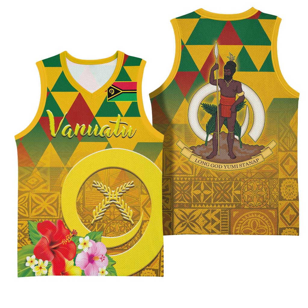 Melanesian Vanuatu Basketball Jersey With Tapa Tribal Pattern and Triangle Geometric Tricolor - Polynesian Pride