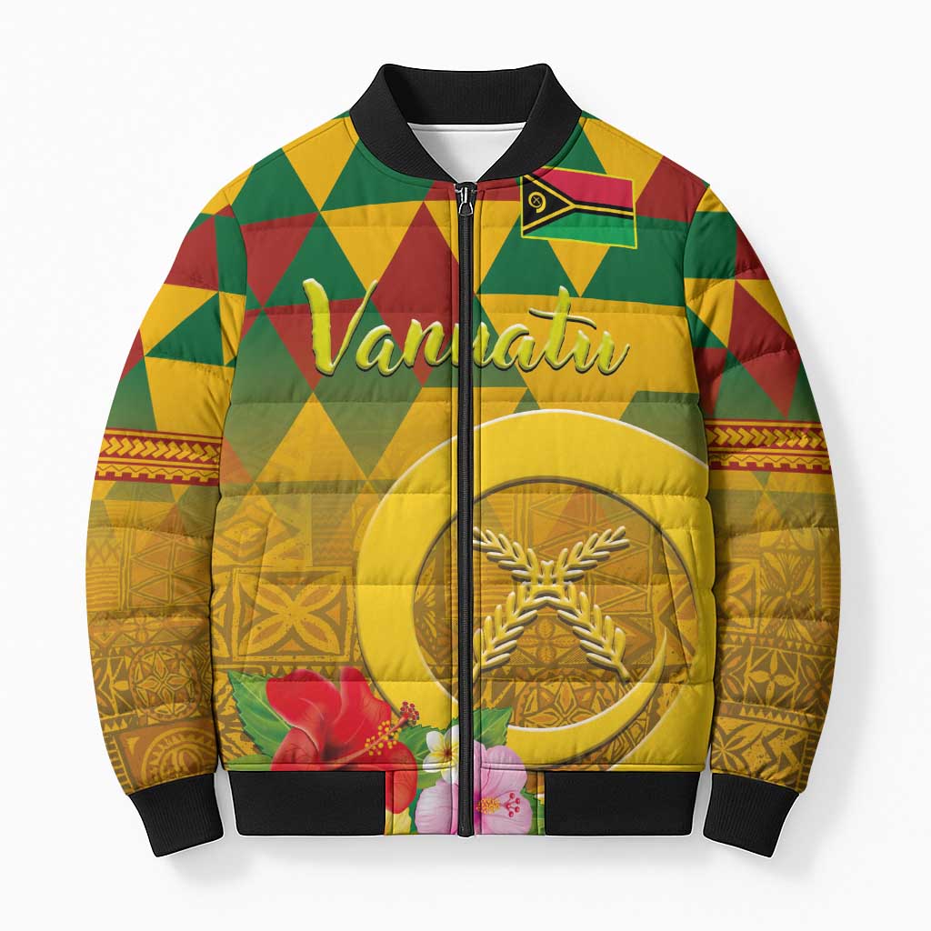 Melanesian Vanuatu Bomber Puffer Jacket With Tapa Tribal Pattern and Triangle Geometric Tricolor - Polynesian Pride