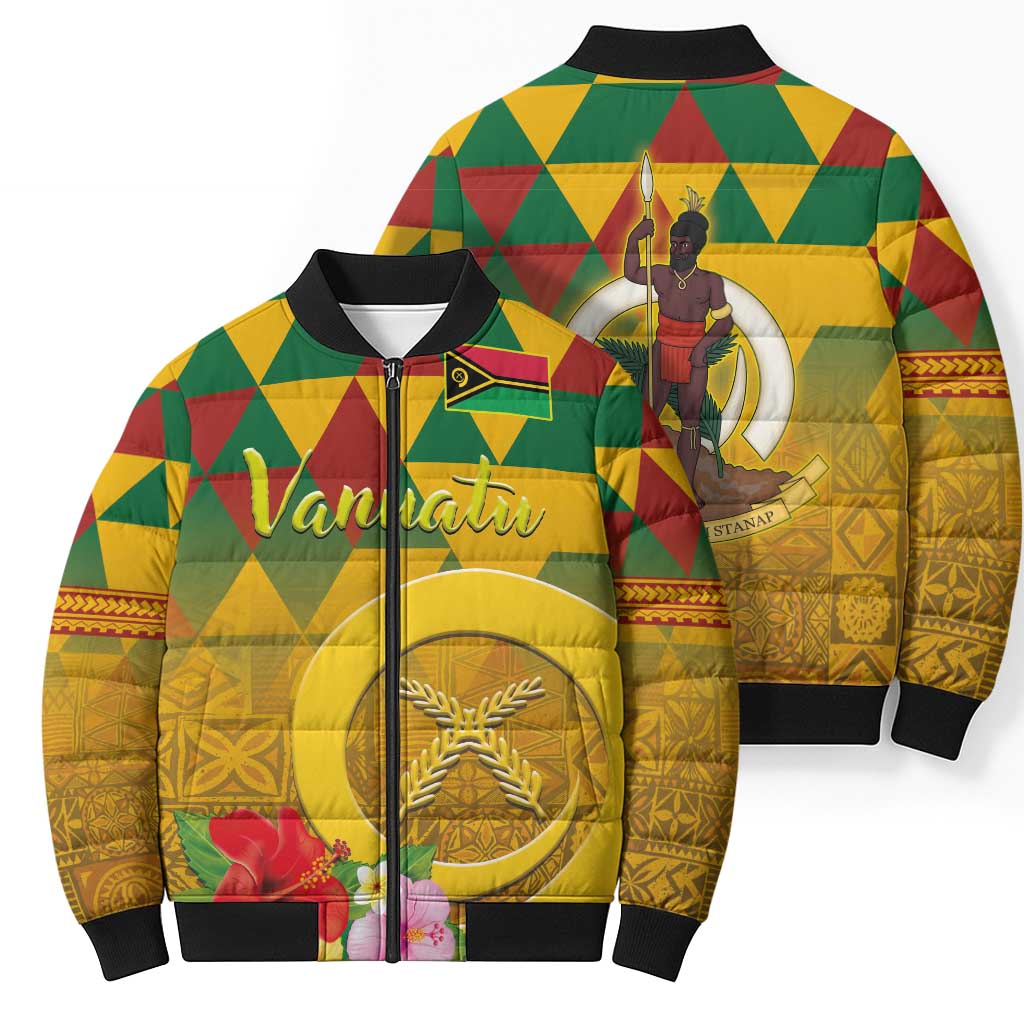 Melanesian Vanuatu Bomber Puffer Jacket With Tapa Tribal Pattern and Triangle Geometric Tricolor - Polynesian Pride