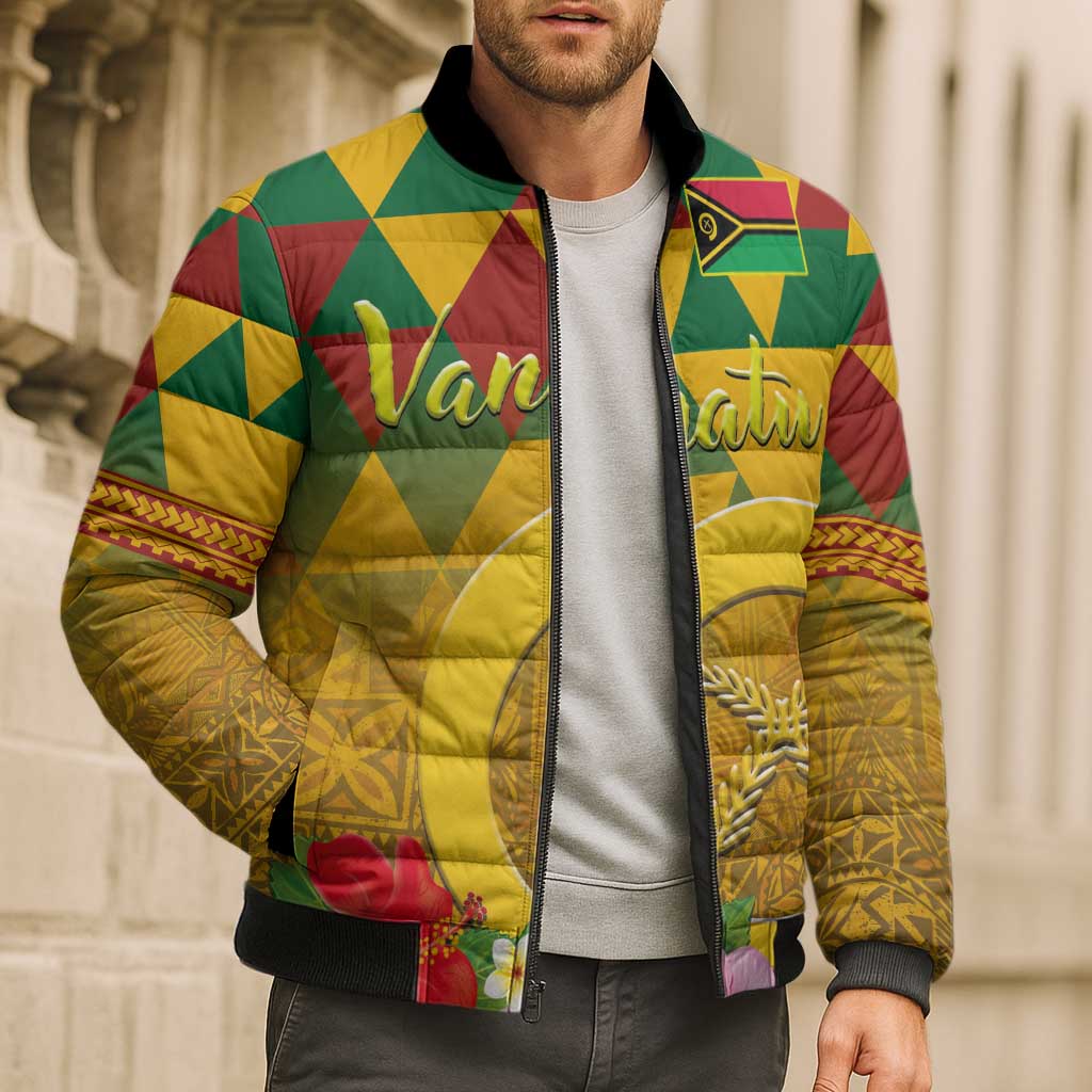 Melanesian Vanuatu Bomber Puffer Jacket With Tapa Tribal Pattern and Triangle Geometric Tricolor - Polynesian Pride