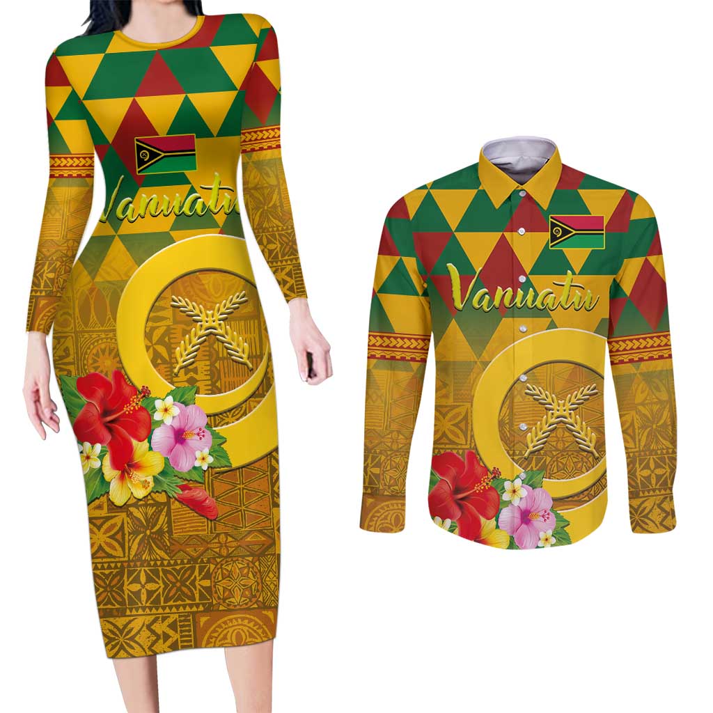Melanesian Vanuatu Couples Matching Long Sleeve Bodycon Dress and Long Sleeve Button Shirt With Tapa Tribal Pattern and Triangle Geometric Tricolor - Polynesian Pride