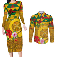 Melanesian Vanuatu Couples Matching Long Sleeve Bodycon Dress and Long Sleeve Button Shirt With Tapa Tribal Pattern and Triangle Geometric Tricolor - Polynesian Pride