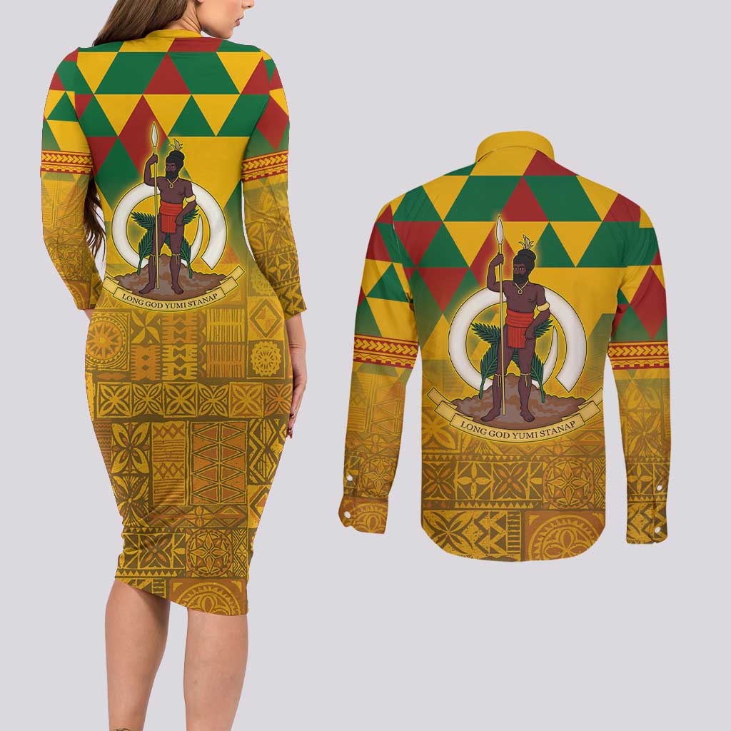 Melanesian Vanuatu Couples Matching Long Sleeve Bodycon Dress and Long Sleeve Button Shirt With Tapa Tribal Pattern and Triangle Geometric Tricolor - Polynesian Pride