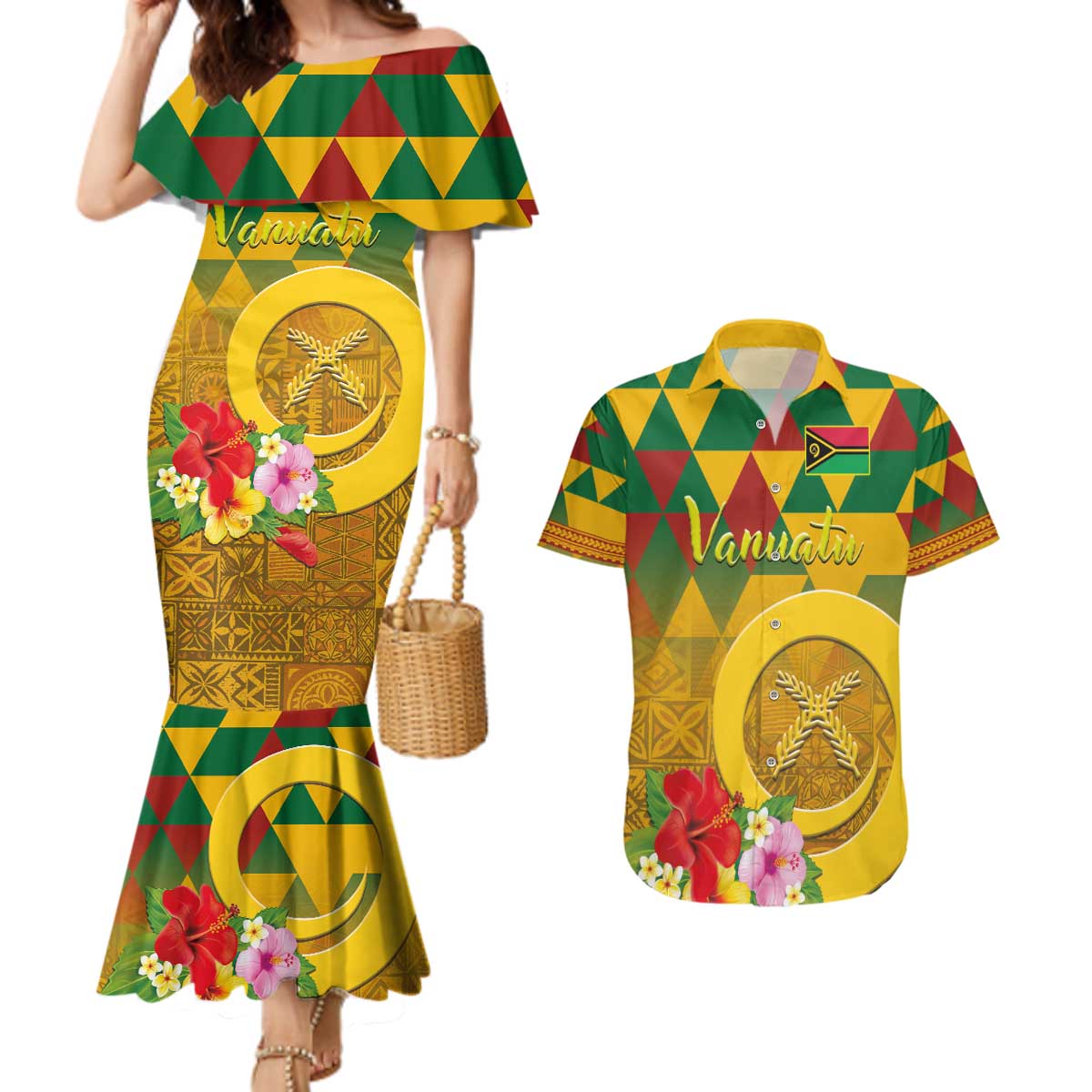 Melanesian Vanuatu Couples Matching Mermaid Dress and Hawaiian Shirt With Tapa Tribal Pattern and Triangle Geometric Tricolor - Polynesian Pride