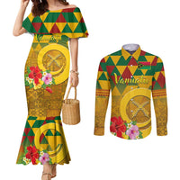 Melanesian Vanuatu Couples Matching Mermaid Dress and Long Sleeve Button Shirt With Tapa Tribal Pattern and Triangle Geometric Tricolor - Polynesian Pride