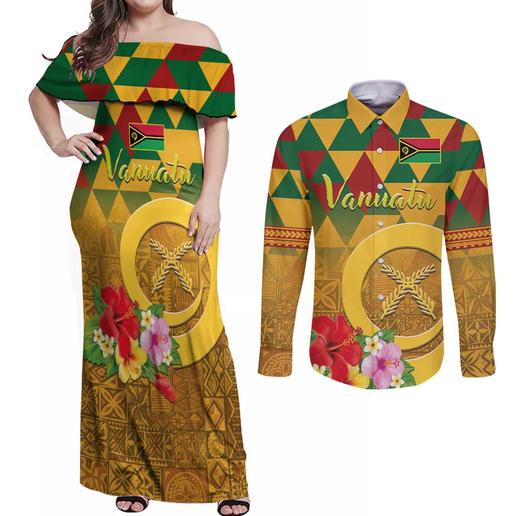 Melanesian Vanuatu Couples Matching Off Shoulder Maxi Dress and Long Sleeve Button Shirt With Tapa Tribal Pattern and Triangle Geometric Tricolor - Polynesian Pride