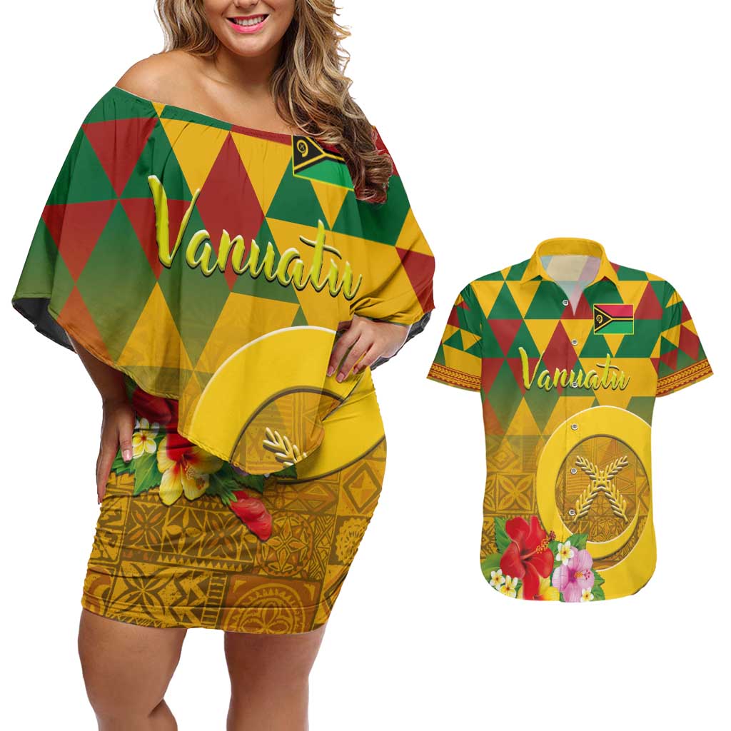 Melanesian Vanuatu Couples Matching Off Shoulder Short Dress and Hawaiian Shirt With Tapa Tribal Pattern and Triangle Geometric Tricolor - Polynesian Pride