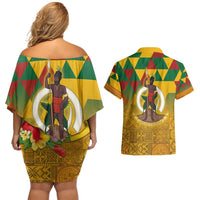 Melanesian Vanuatu Couples Matching Off Shoulder Short Dress and Hawaiian Shirt With Tapa Tribal Pattern and Triangle Geometric Tricolor - Polynesian Pride