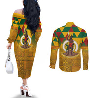 Melanesian Vanuatu Couples Matching Off The Shoulder Long Sleeve Dress and Long Sleeve Button Shirt With Tapa Tribal Pattern and Triangle Geometric Tricolor - Polynesian Pride