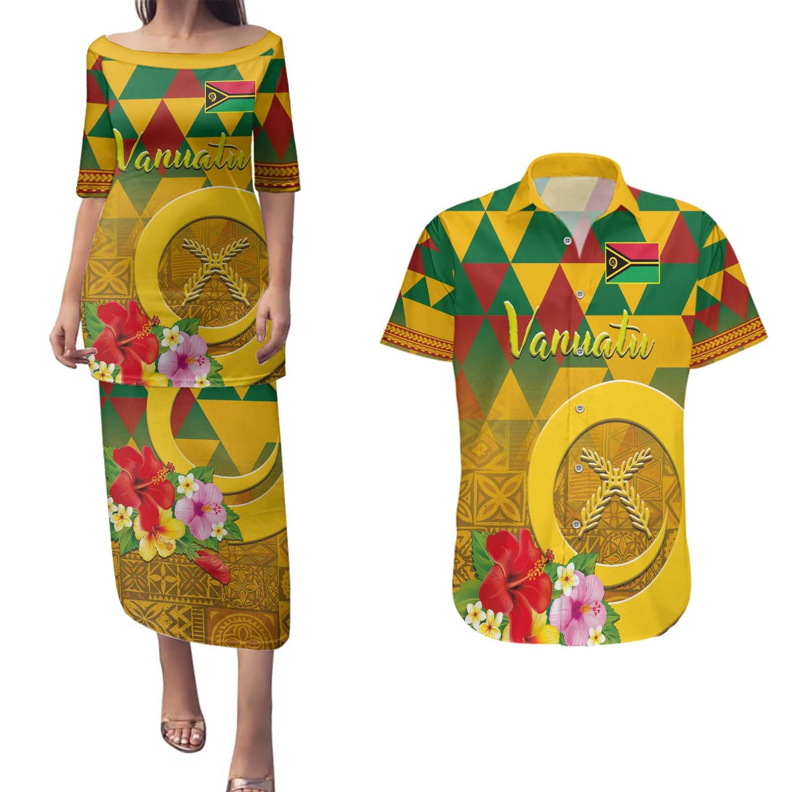 Melanesian Vanuatu Couples Matching Puletasi and Hawaiian Shirt With Tapa Tribal Pattern and Triangle Geometric Tricolor - Polynesian Pride