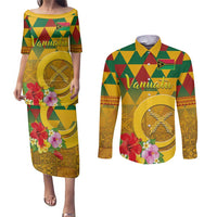 Melanesian Vanuatu Couples Matching Puletasi and Long Sleeve Button Shirt With Tapa Tribal Pattern and Triangle Geometric Tricolor - Polynesian Pride