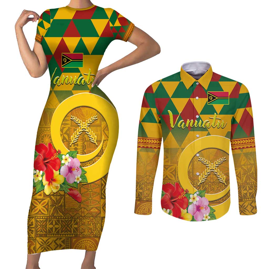 Melanesian Vanuatu Couples Matching Short Sleeve Bodycon Dress and Long Sleeve Button Shirt With Tapa Tribal Pattern and Triangle Geometric Tricolor - Polynesian Pride