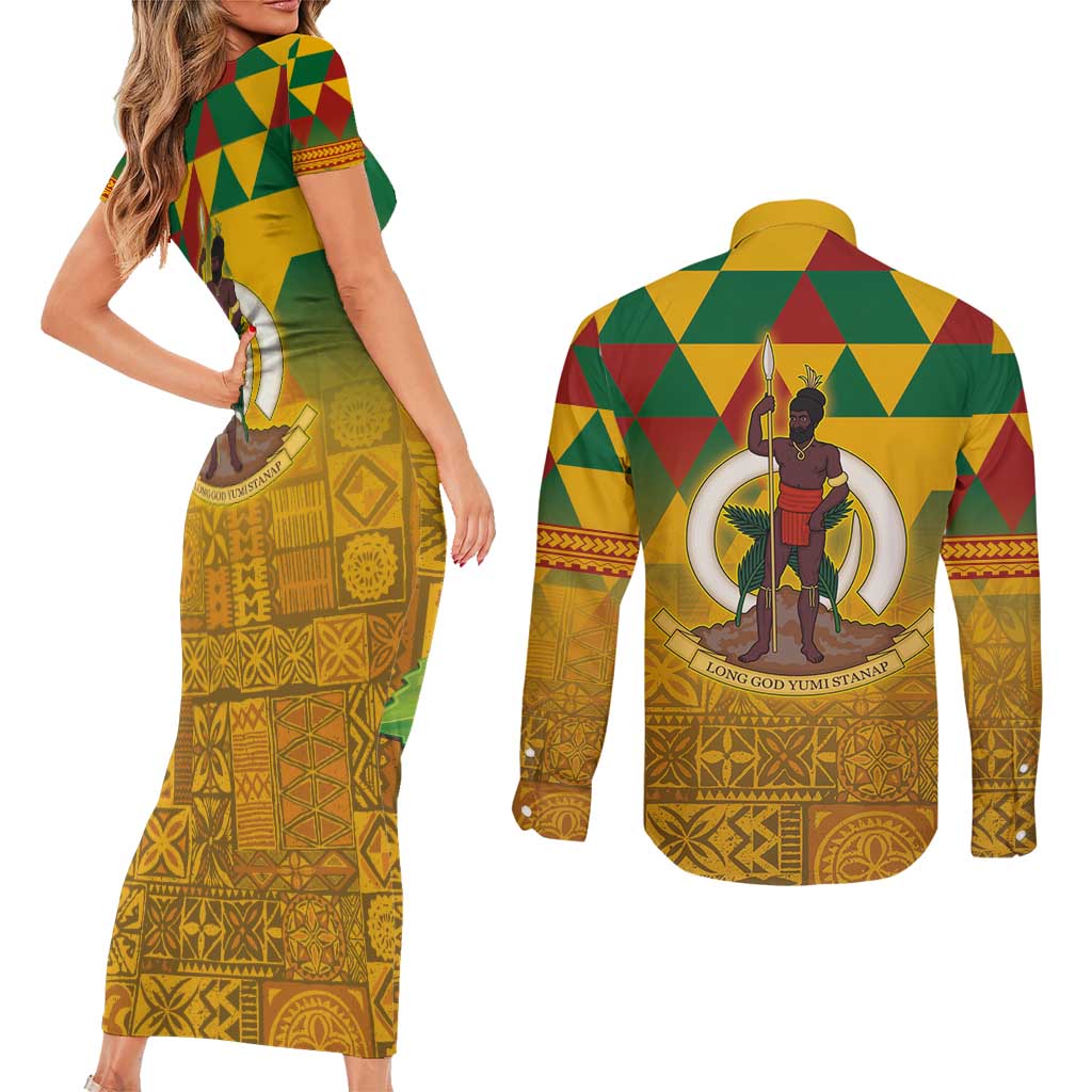 Melanesian Vanuatu Couples Matching Short Sleeve Bodycon Dress and Long Sleeve Button Shirt With Tapa Tribal Pattern and Triangle Geometric Tricolor - Polynesian Pride