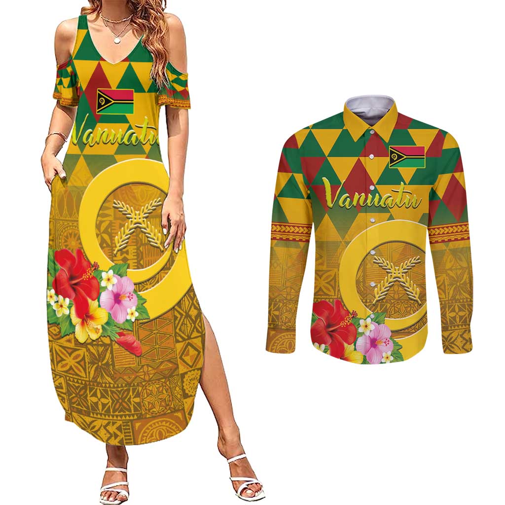 Melanesian Vanuatu Couples Matching Summer Maxi Dress and Long Sleeve Button Shirt With Tapa Tribal Pattern and Triangle Geometric Tricolor - Polynesian Pride