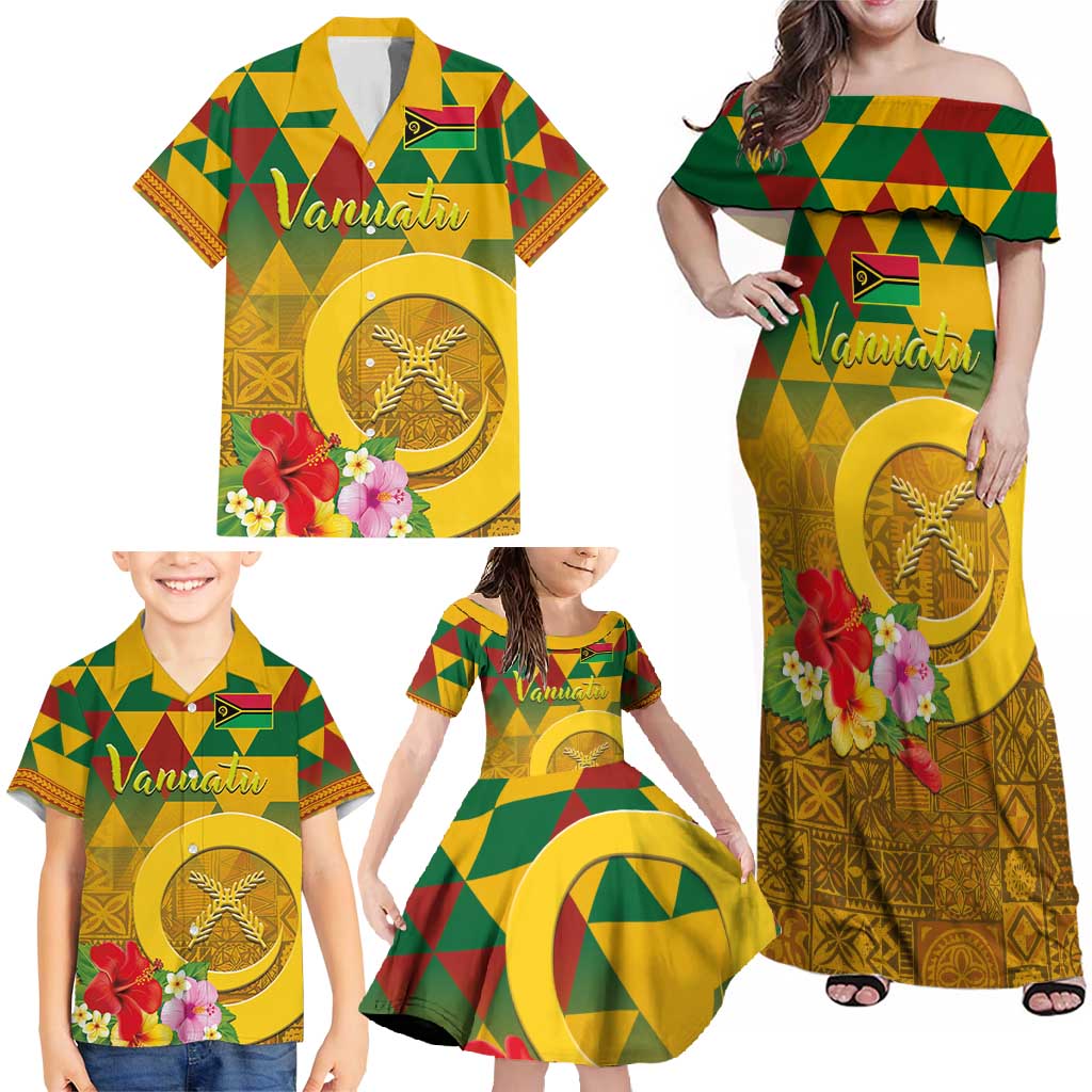 Melanesian Vanuatu Family Matching Off Shoulder Maxi Dress and Hawaiian Shirt With Tapa Tribal Pattern and Triangle Geometric Tricolor - Polynesian Pride