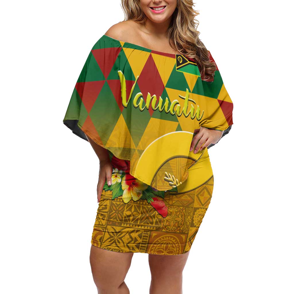 Melanesian Vanuatu Family Matching Off Shoulder Short Dress and Hawaiian Shirt With Tapa Tribal Pattern and Triangle Geometric Tricolor - Polynesian Pride