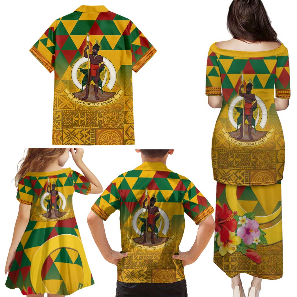 Melanesian Vanuatu Family Matching Puletasi and Hawaiian Shirt With Tapa Tribal Pattern and Triangle Geometric Tricolor - Polynesian Pride