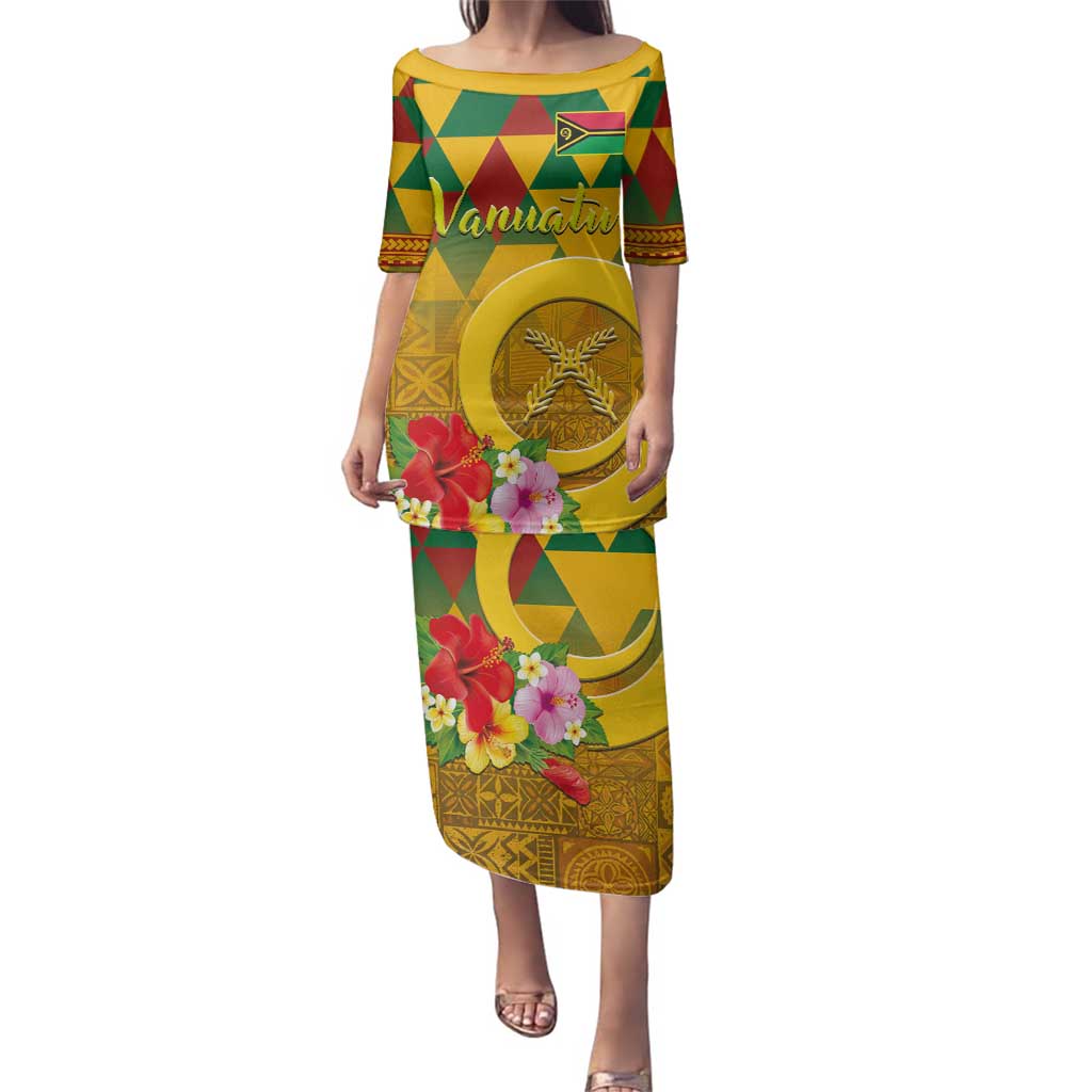 Melanesian Vanuatu Family Matching Puletasi and Hawaiian Shirt With Tapa Tribal Pattern and Triangle Geometric Tricolor - Polynesian Pride