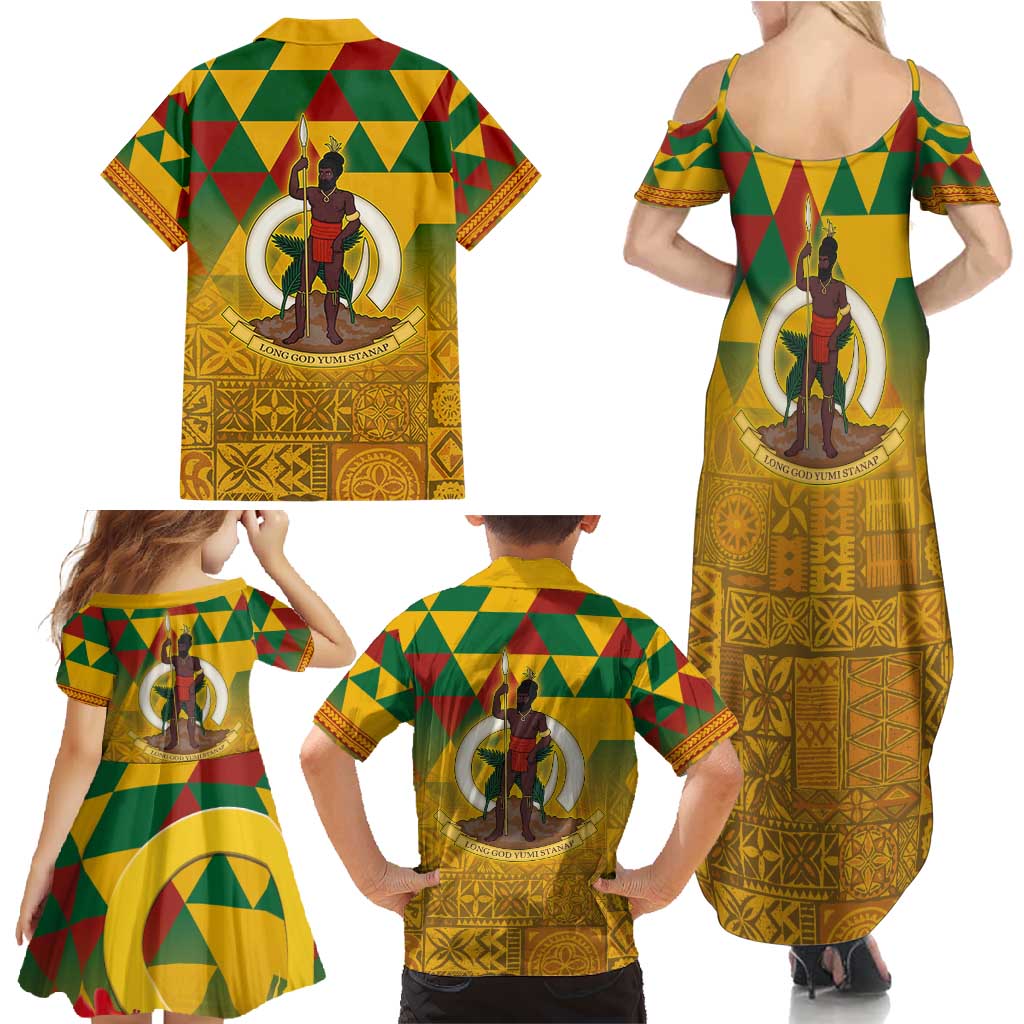 Melanesian Vanuatu Family Matching Summer Maxi Dress and Hawaiian Shirt With Tapa Tribal Pattern and Triangle Geometric Tricolor - Polynesian Pride