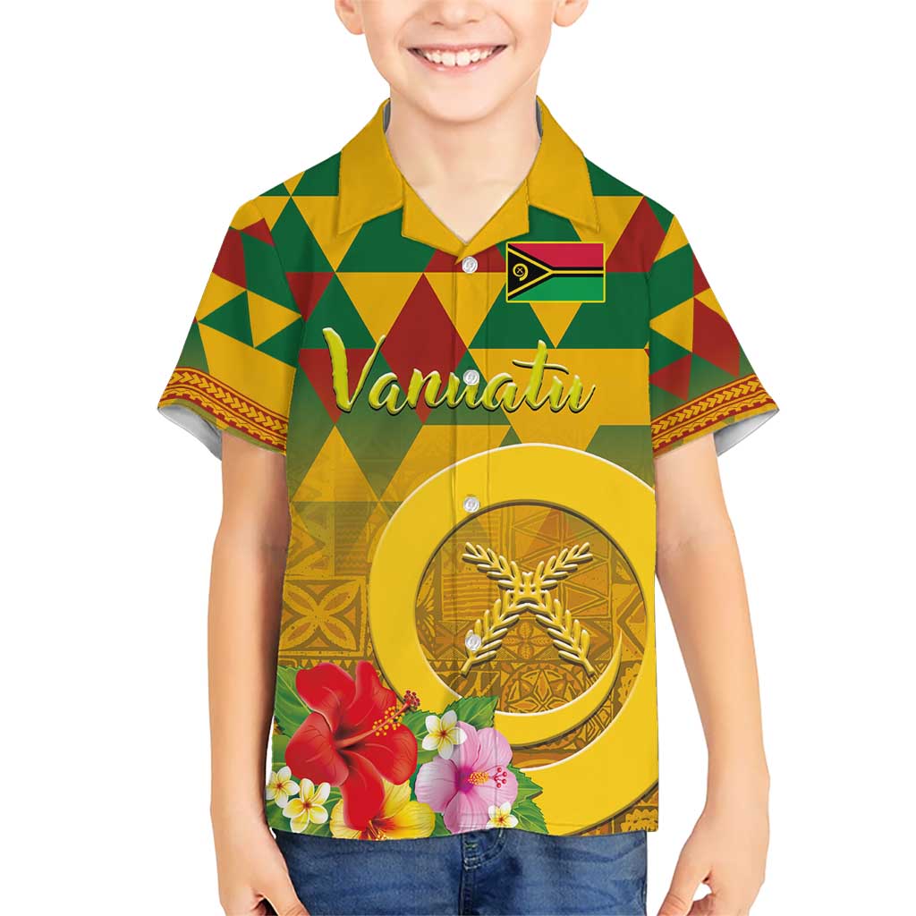 Melanesian Vanuatu Kid Hawaiian Shirt With Tapa Tribal Pattern and Triangle Geometric Tricolor - Polynesian Pride