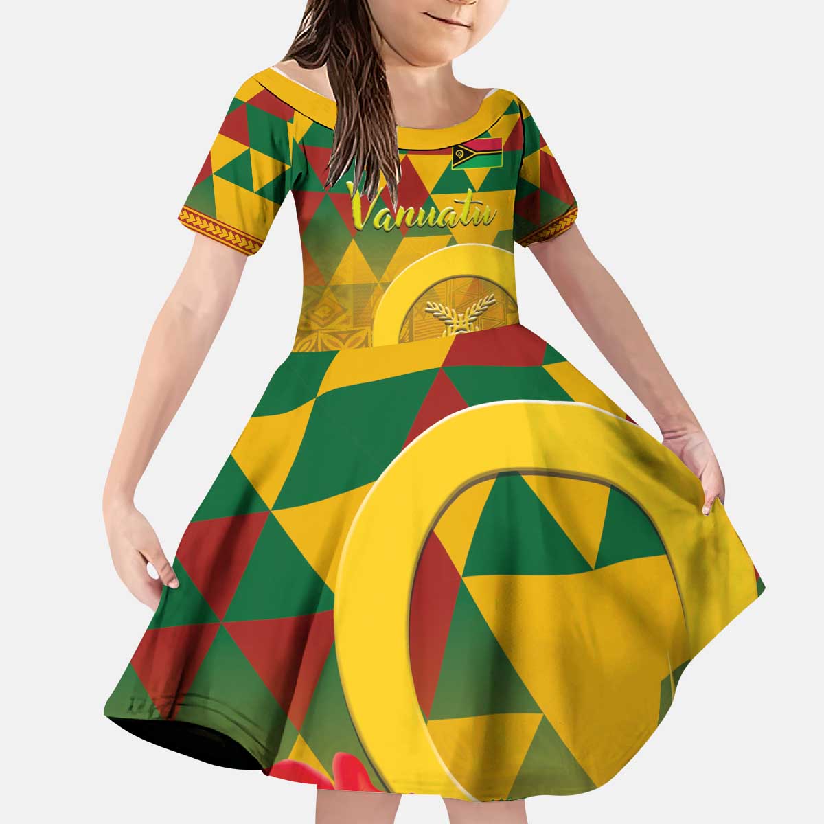 Melanesian Vanuatu Kid Short Sleeve Dress With Tapa Tribal Pattern and Triangle Geometric Tricolor - Polynesian Pride