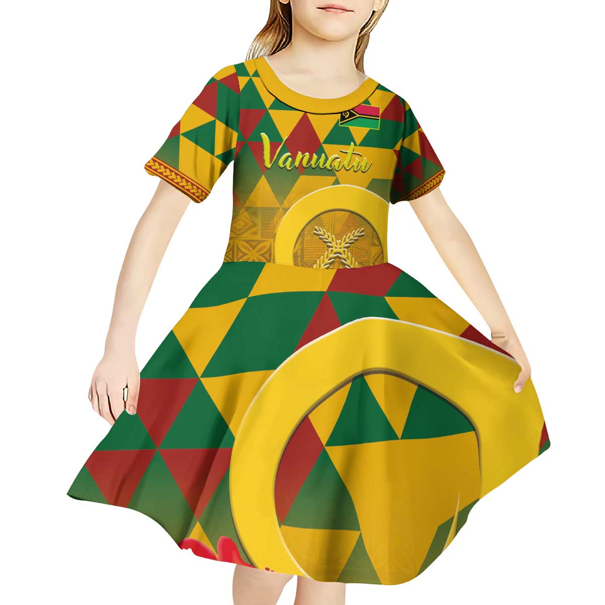 Melanesian Vanuatu Kid Short Sleeve Dress With Tapa Tribal Pattern and Triangle Geometric Tricolor - Polynesian Pride