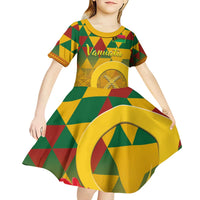 Melanesian Vanuatu Kid Short Sleeve Dress With Tapa Tribal Pattern and Triangle Geometric Tricolor - Polynesian Pride