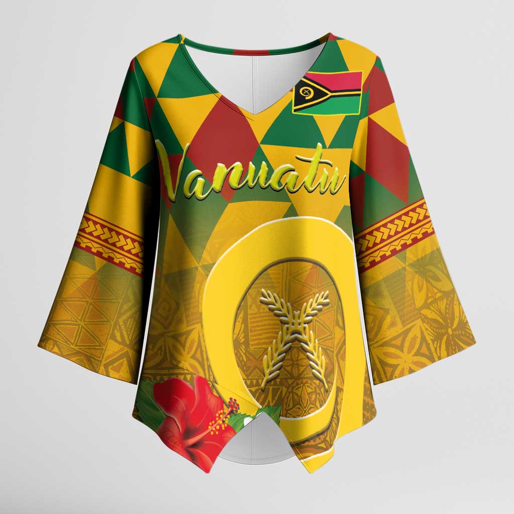 Melanesian Vanuatu Kimono Sleeve Blouse With Tapa Tribal Pattern and Triangle Geometric Tricolor - Polynesian Pride