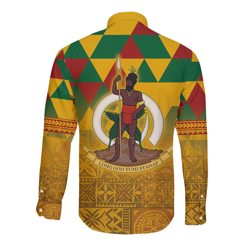 Melanesian Vanuatu Long Sleeve Button Shirt With Tapa Tribal Pattern and Triangle Geometric Tricolor - Polynesian Pride