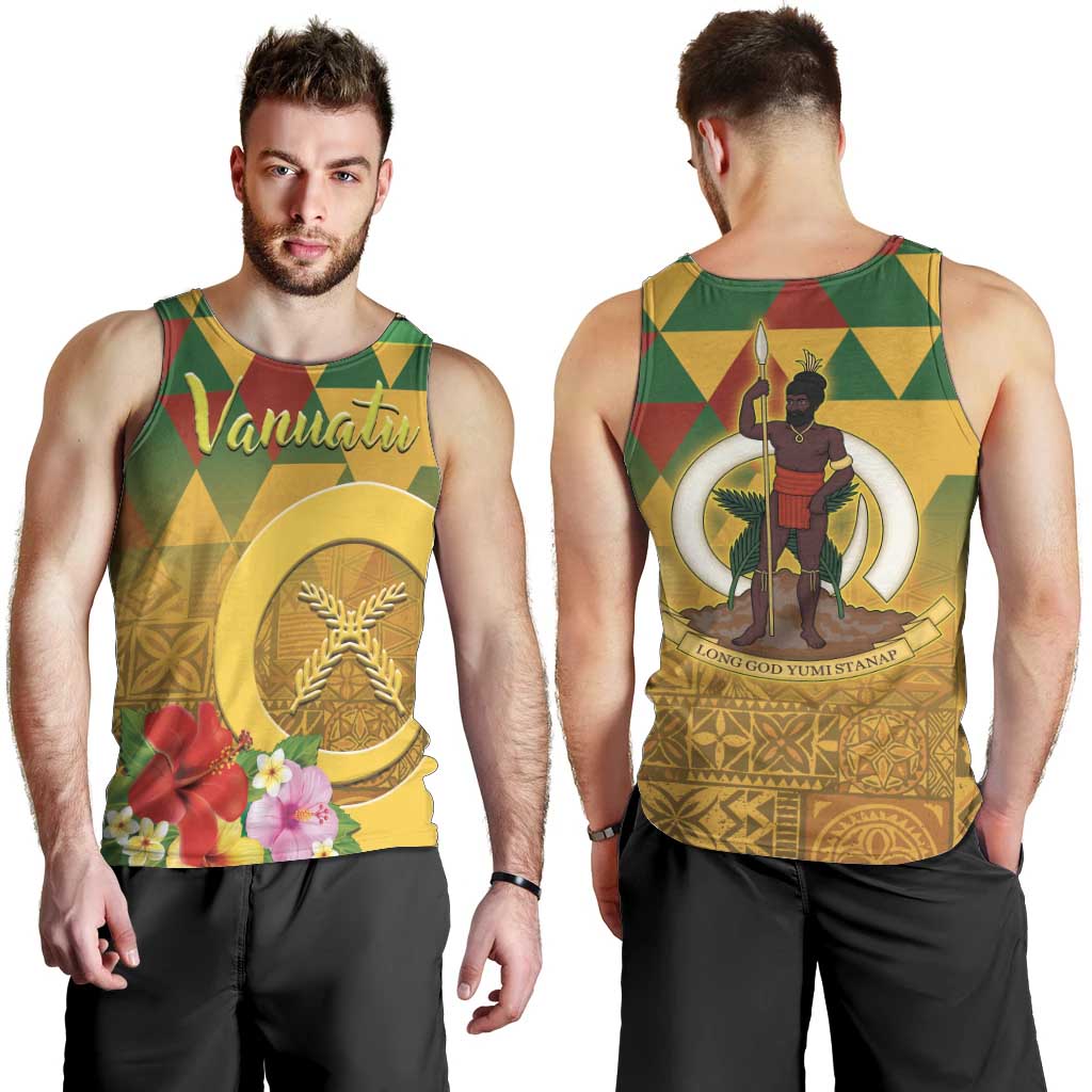 Melanesian Vanuatu Men Tank Top With Tapa Tribal Pattern and Triangle Geometric Tricolor - Polynesian Pride