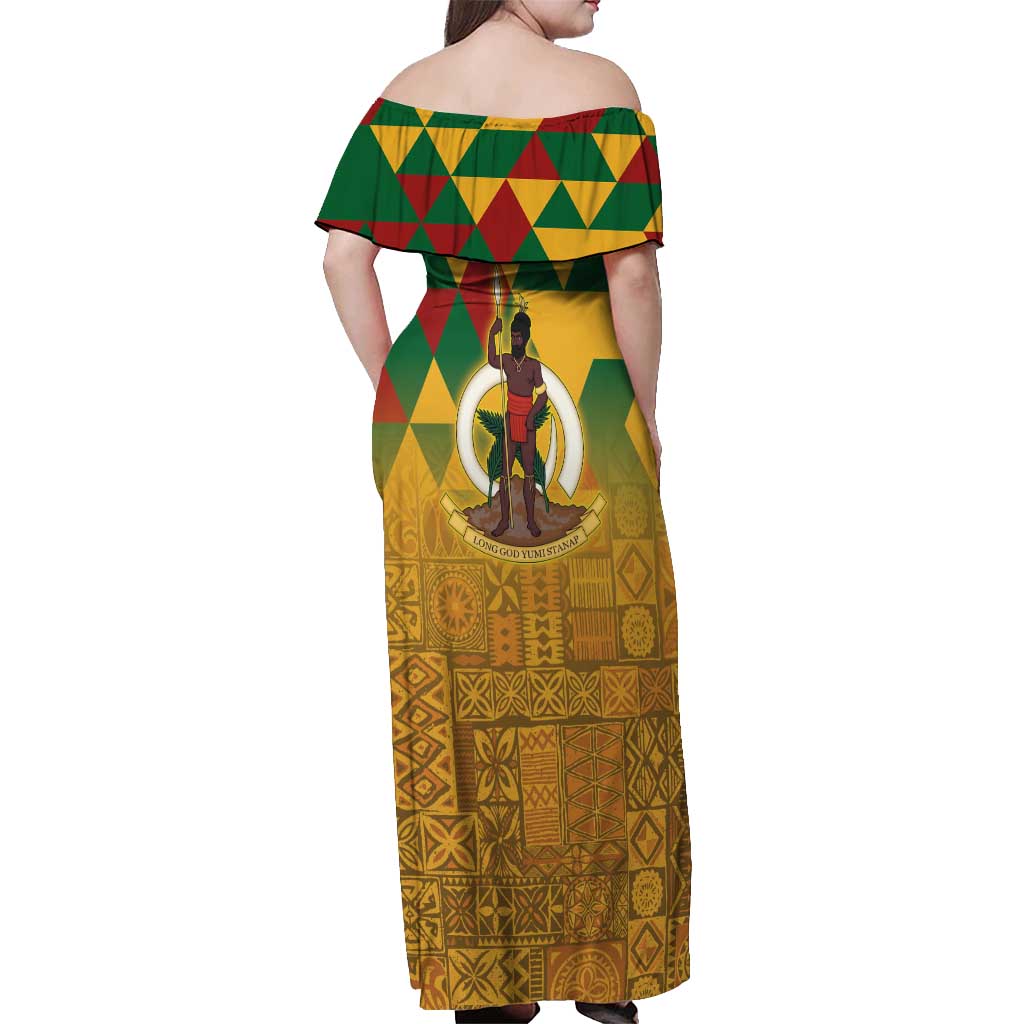 Melanesian Vanuatu Off Shoulder Maxi Dress With Tapa Tribal Pattern and Triangle Geometric Tricolor - Polynesian Pride