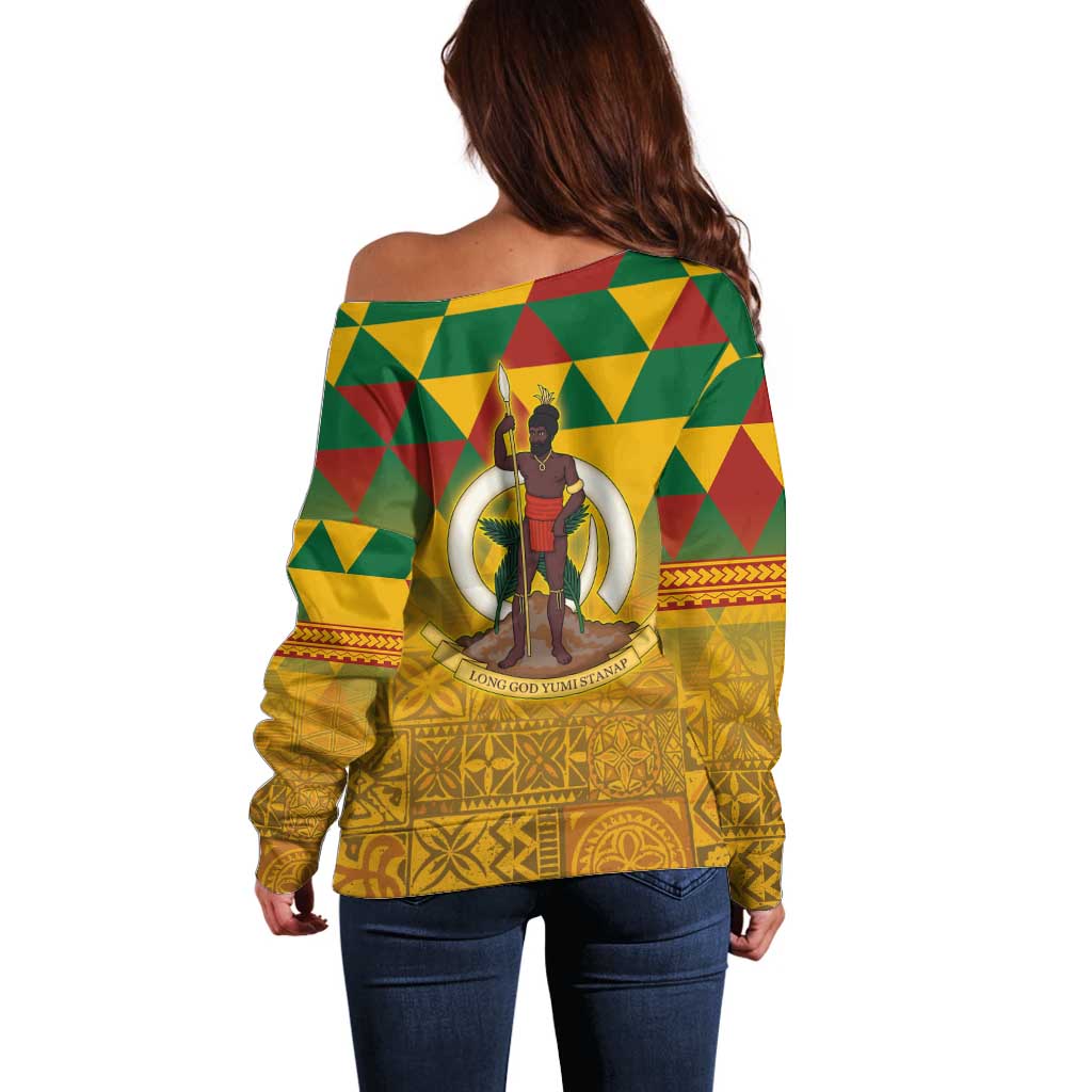 Melanesian Vanuatu Off Shoulder Sweater With Tapa Tribal Pattern and Triangle Geometric Tricolor - Polynesian Pride
