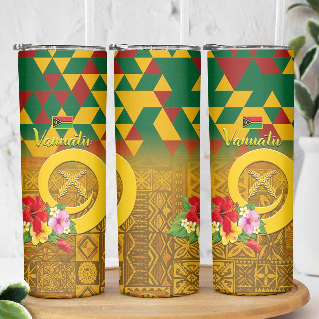Melanesian Vanuatu Skinny Tumbler With Tapa Tribal Pattern and Triangle Geometric Tricolor - Polynesian Pride