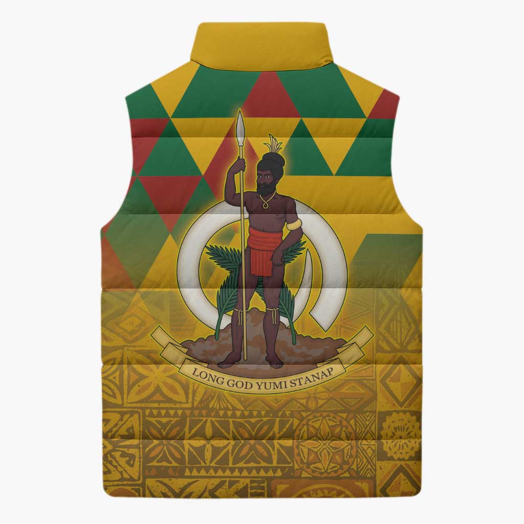 Melanesian Vanuatu Sleeveless Puffer Jacket With Tapa Tribal Pattern and Triangle Geometric Tricolor - Polynesian Pride