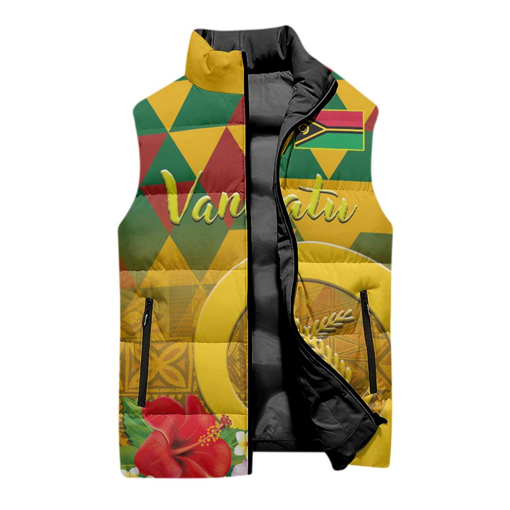 Melanesian Vanuatu Sleeveless Puffer Jacket With Tapa Tribal Pattern and Triangle Geometric Tricolor - Polynesian Pride
